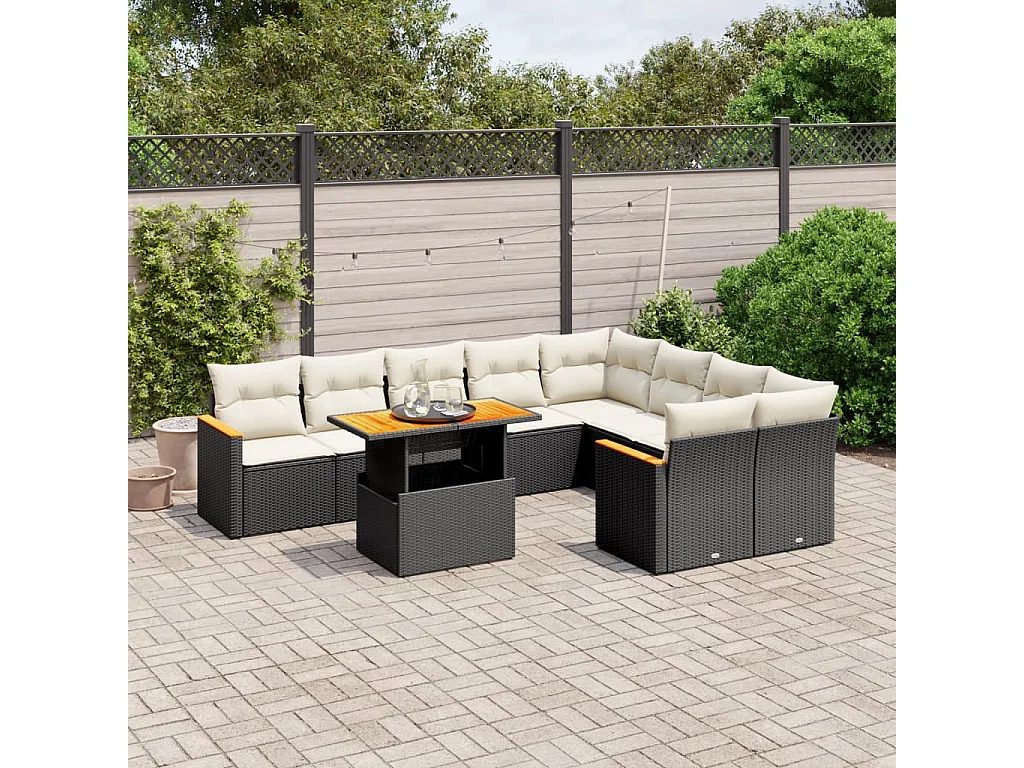 Salon de jardin 10 pcs avec coussins noir résine tressée