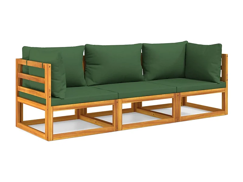 Salon de jardin 3 pcs avec coussins vert bois massif