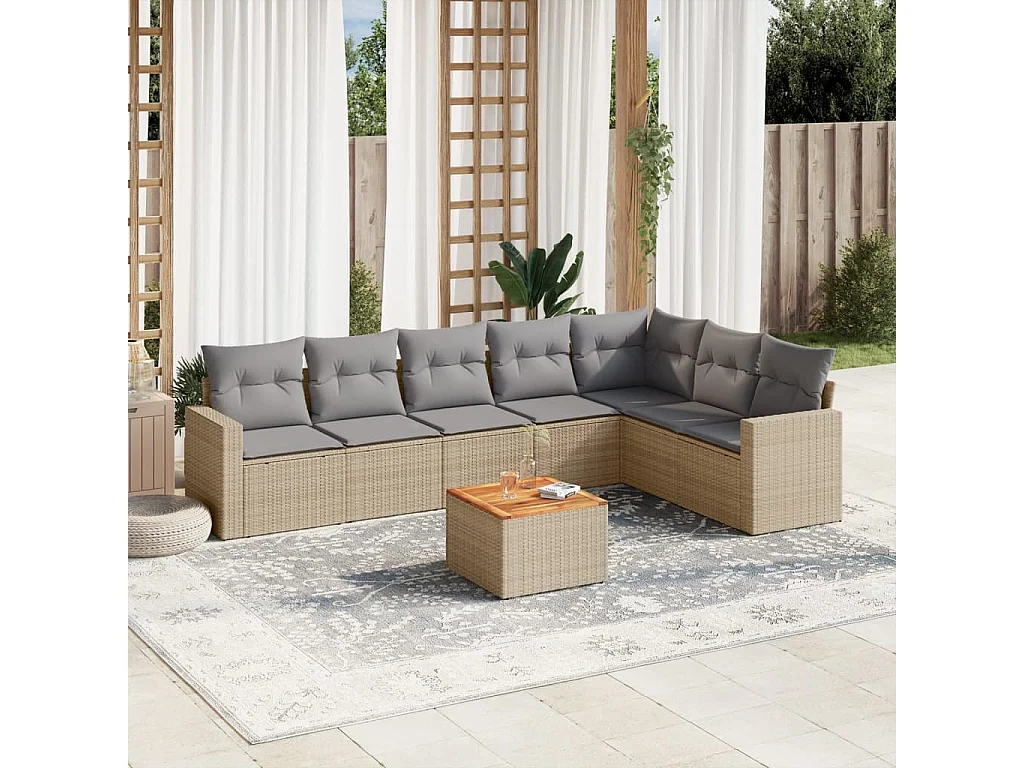 Salon de jardin avec coussins 8 pcs beige résine tressée