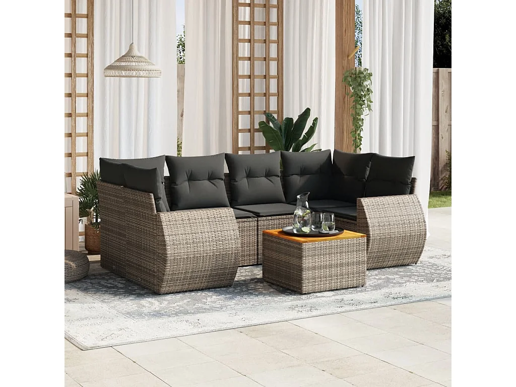 Salon de jardin avec coussins 7 pcs gris résine tressée