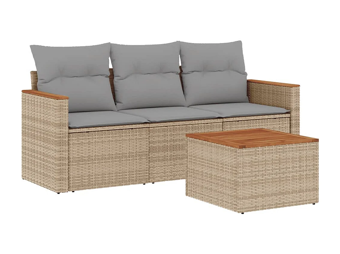 Salon de jardin avec coussins 4 pcs beige résine tressée