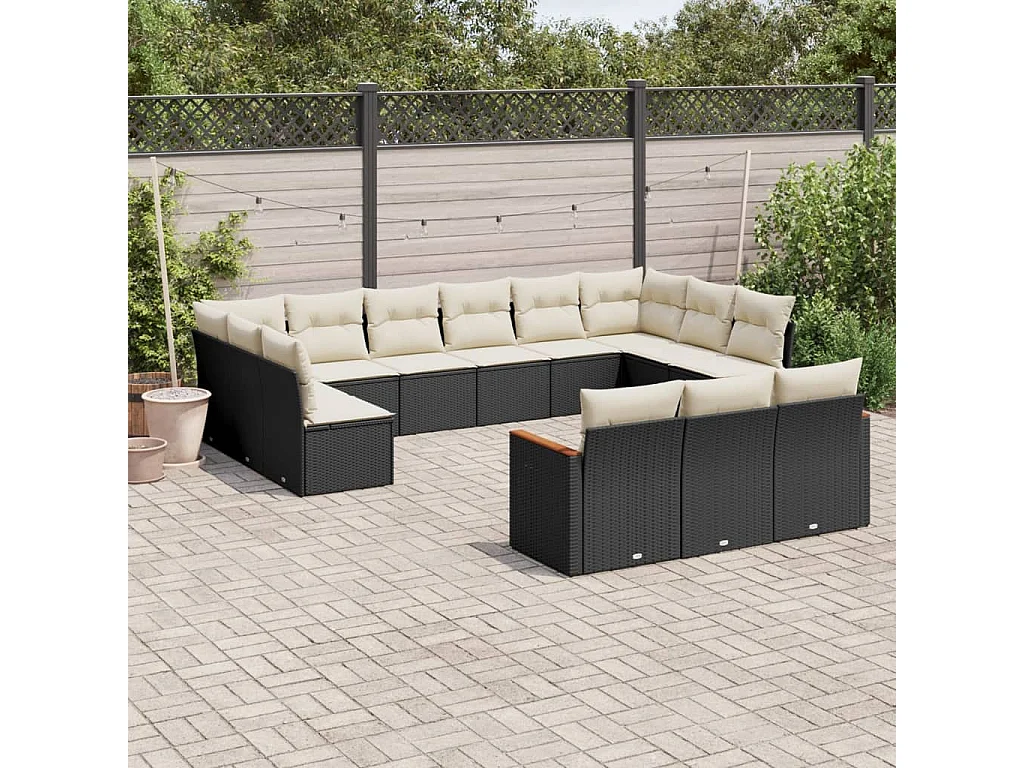 Salon de jardin avec coussins 13 pcs noir résine tressée