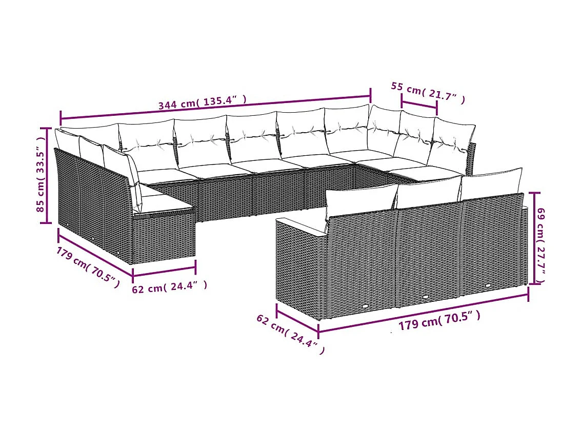 Salon de jardin avec coussins 13 pcs noir résine tressée