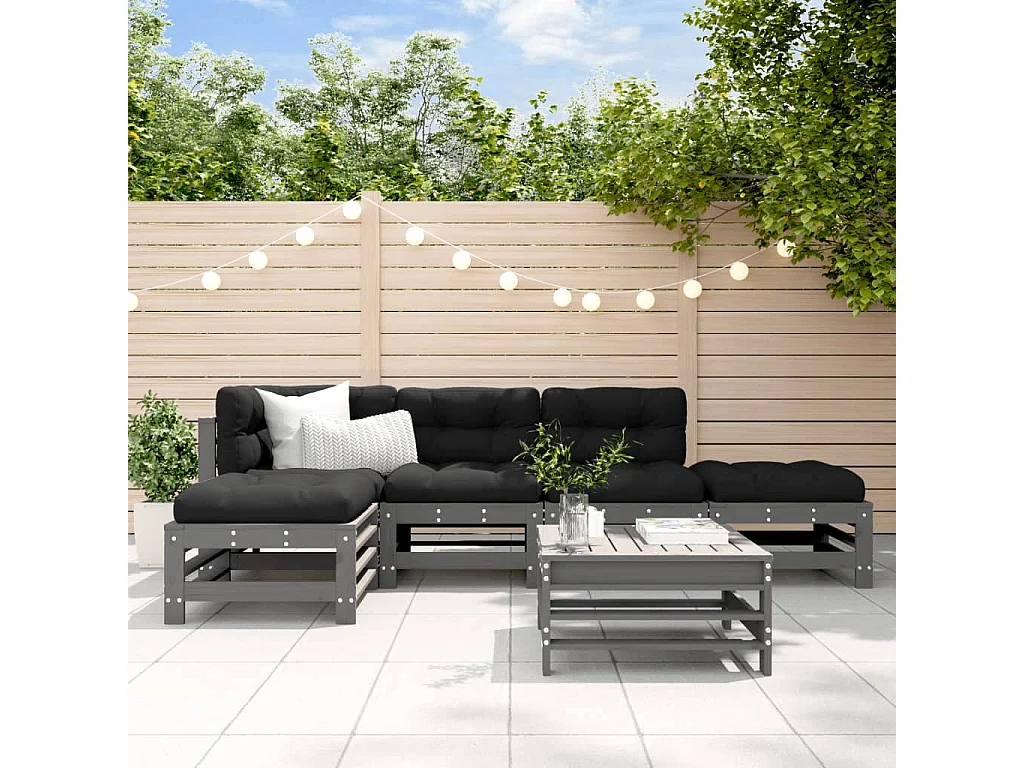 vidaXL Juego de muebles de jardín 6 pzas y cojines madera maciza gris