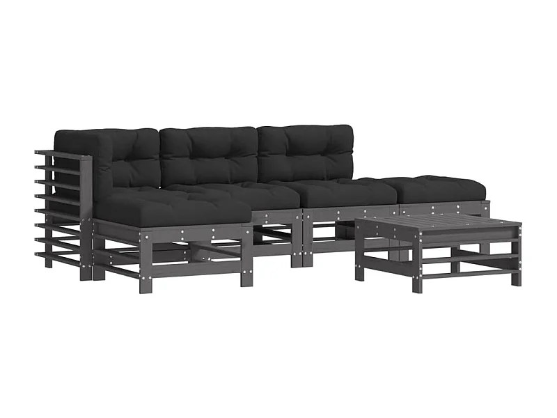 Salon de jardin 6 pcs avec coussins gris bois massif