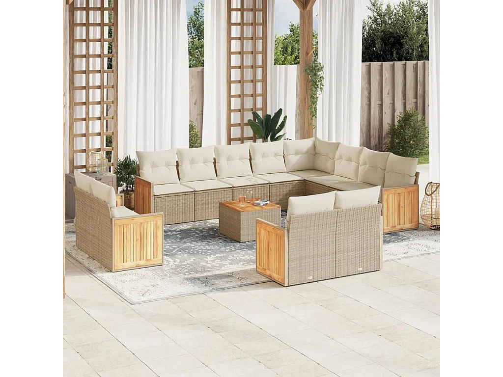Salon de jardin avec coussins 13 pcs beige résine tressée