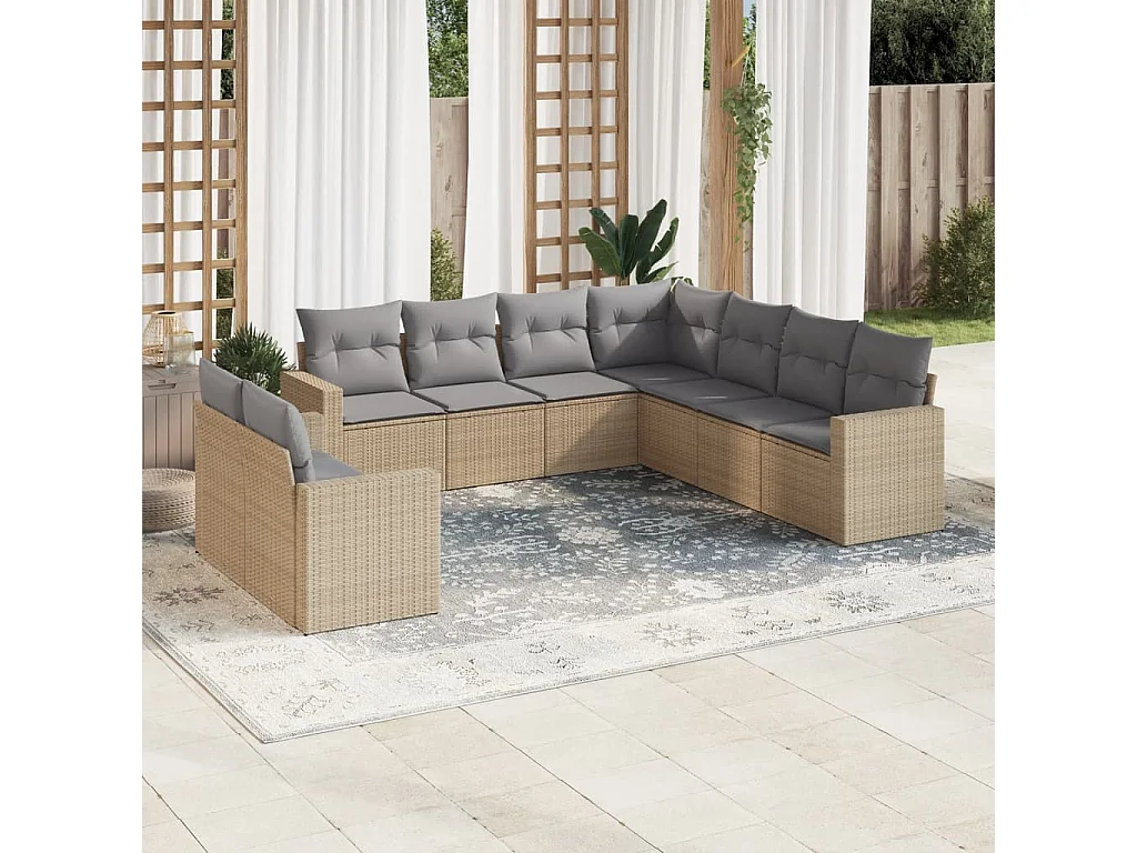 Salon de jardin avec coussins 9 pcs beige résine tressée