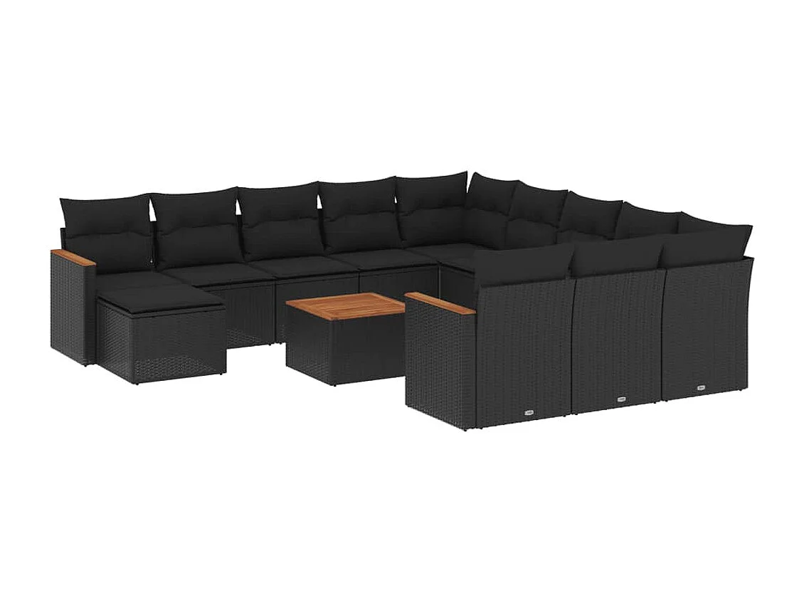 Salon de jardin avec coussins 13 pcs noir résine tressée