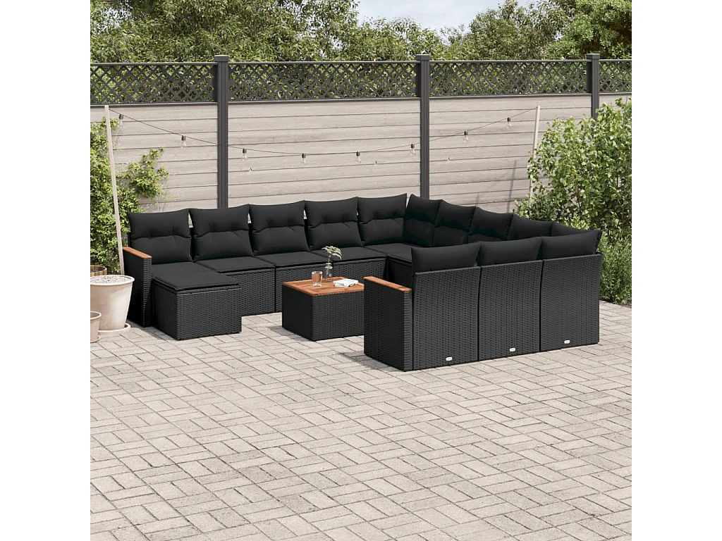 Salon de jardin avec coussins 13 pcs noir résine tressée