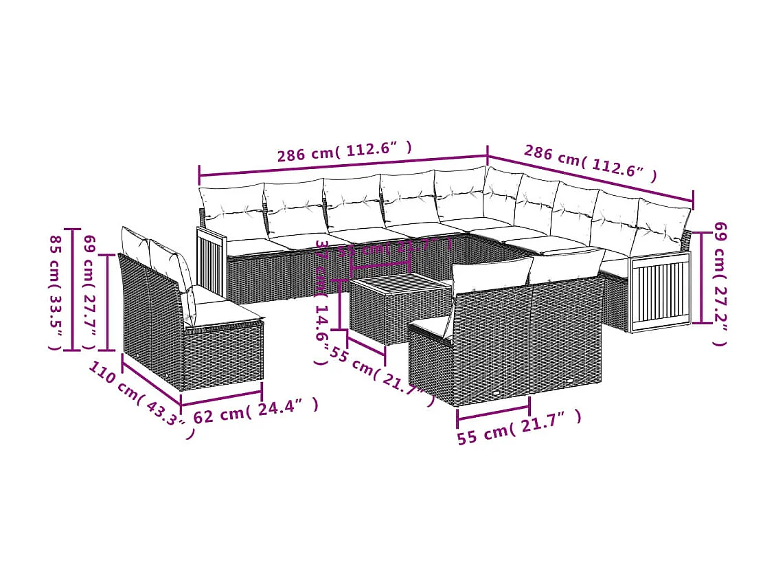 Salon de jardin avec coussins 14 pcs gris résine tressée
