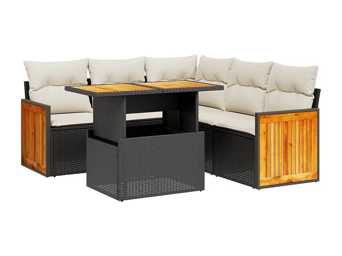 Salon de jardin 6 pcs avec coussins noir résine tressée