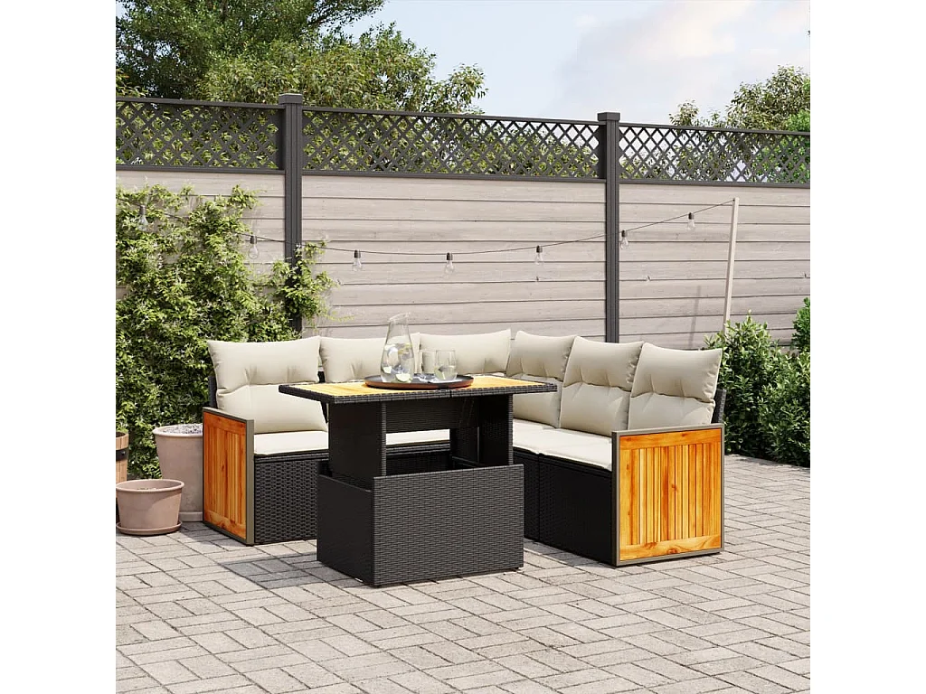 Salon de jardin 6 pcs avec coussins noir résine tressée
