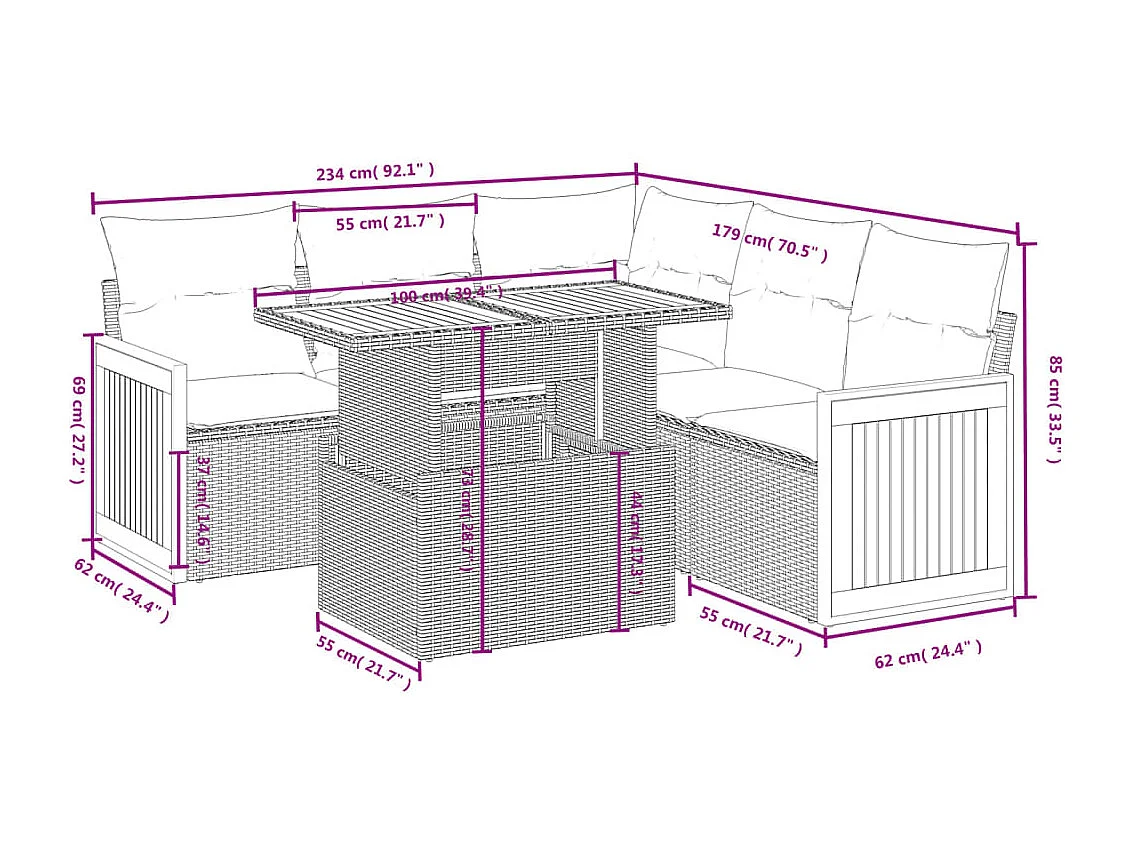 Salon de jardin 6 pcs avec coussins noir résine tressée