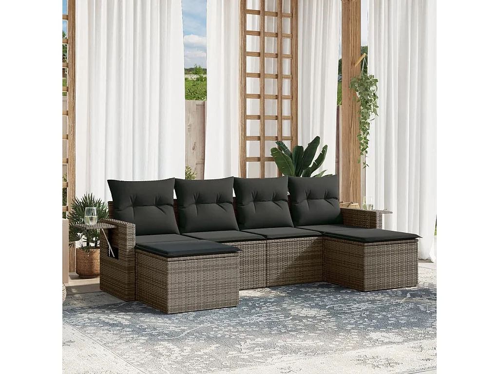 Salon de jardin 6 pcs avec coussins gris résine tressée