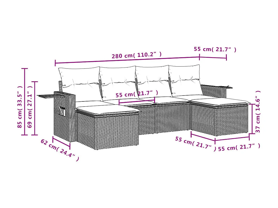 Salon de jardin 6 pcs avec coussins gris résine tressée