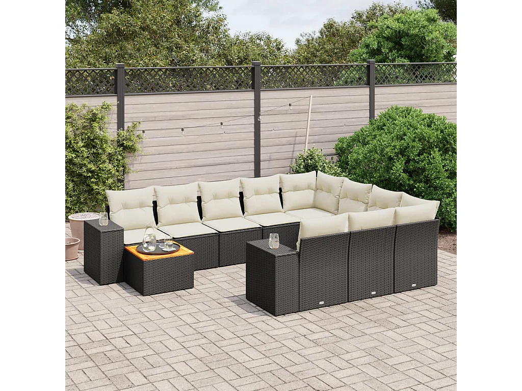 Salon de jardin 11 pcs avec coussins noir résine tressée