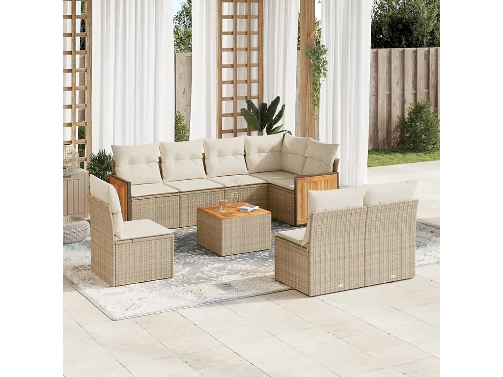 Salon de jardin avec coussins 9 pcs beige résine tressée