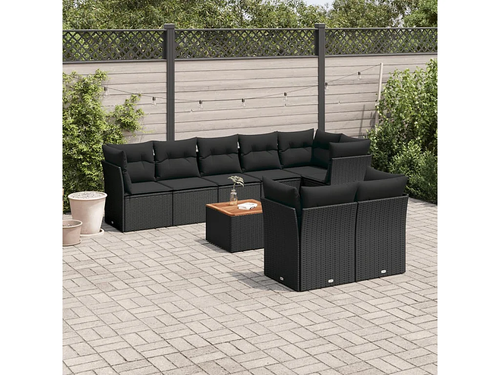 Salon de jardin 9 pcs avec coussins noir résine tressée