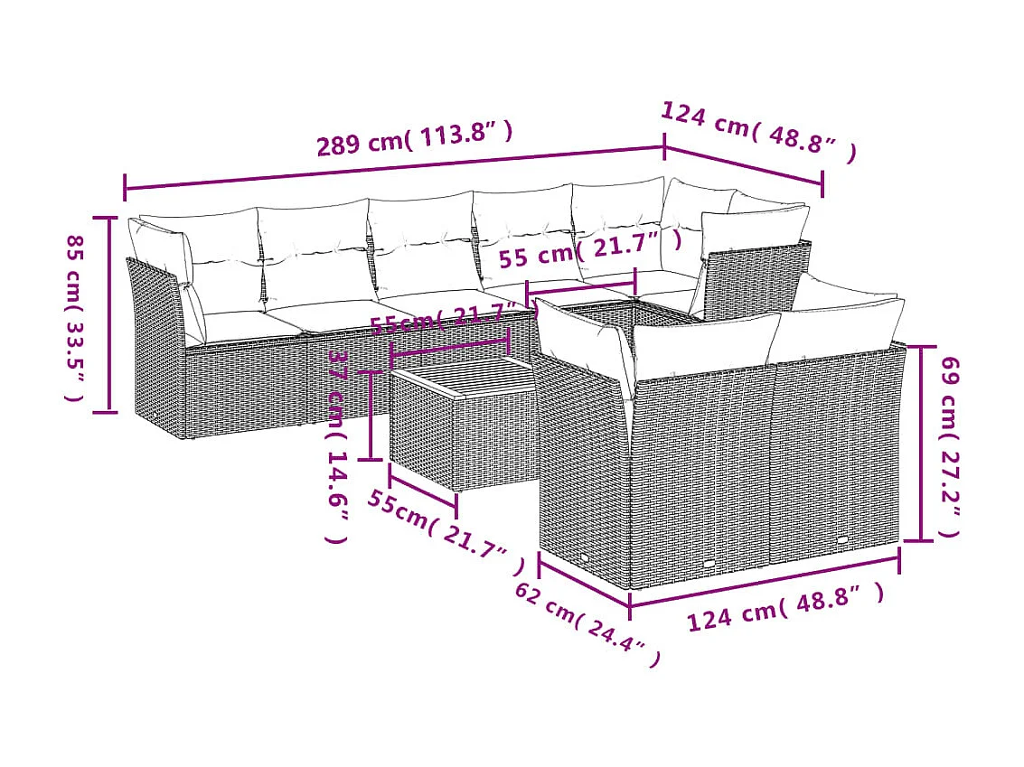 Salon de jardin 9 pcs avec coussins noir résine tressée