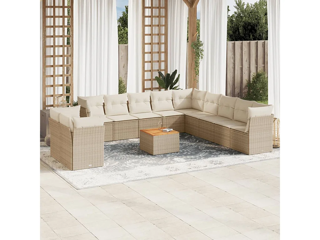 Salon de jardin avec coussins 12 pcs beige résine tressée
