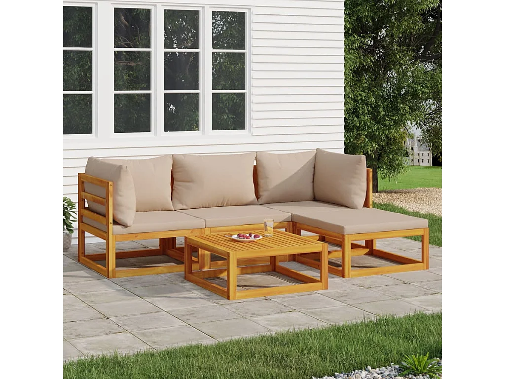 Salon de jardin 5 pcs avec coussins taupe bois massif