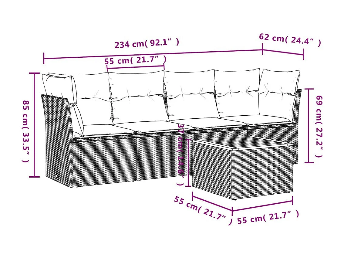Salon de jardin avec coussins 5 pcs beige résine tressée