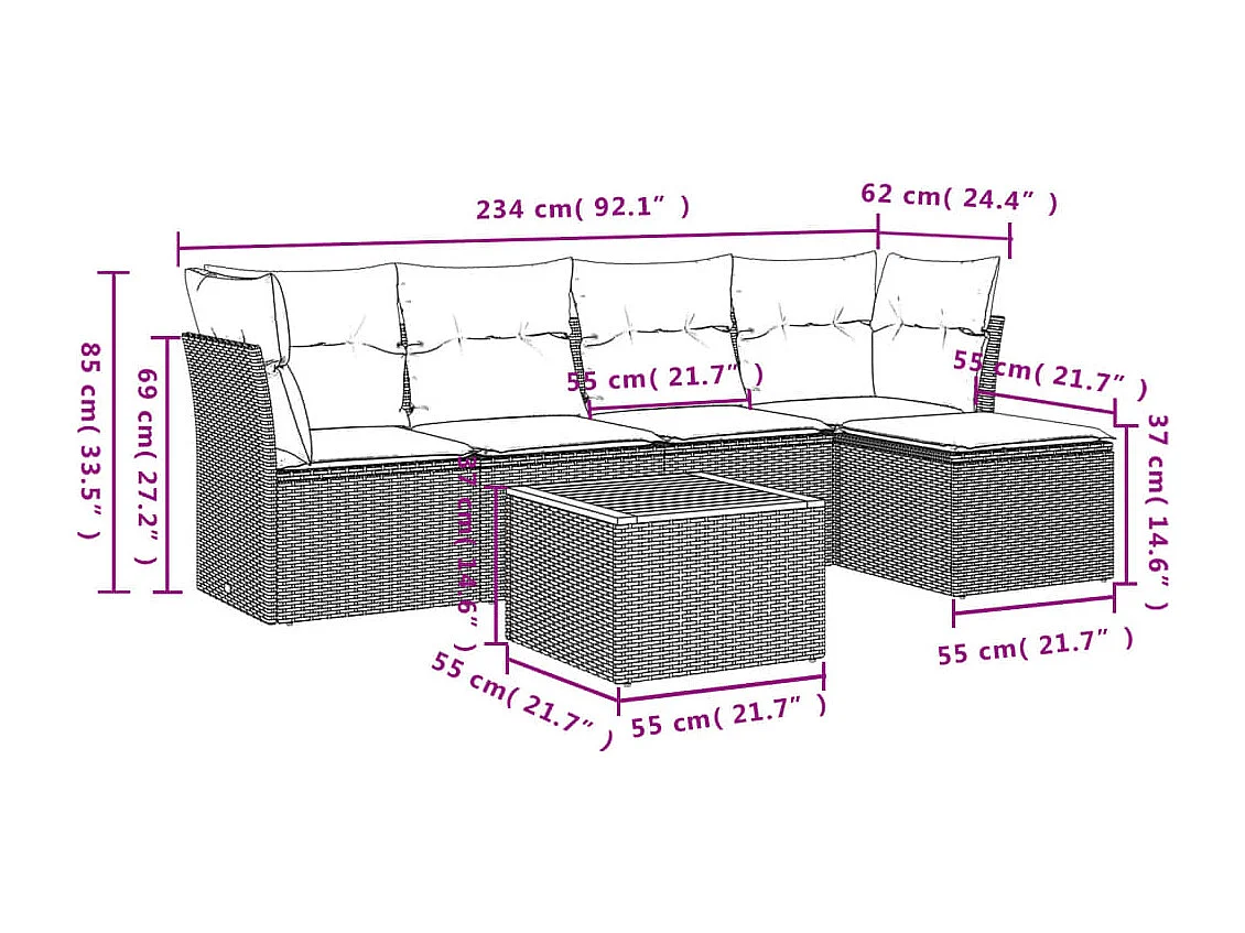 Salon de jardin 6 pcs avec coussins gris résine tressée