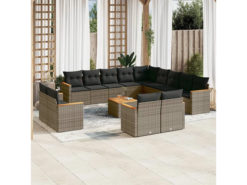 Salon de jardin avec coussins 14 pcs gris résine tressée