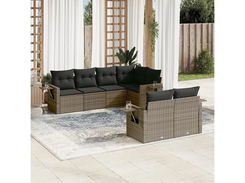 Salon de jardin avec coussins 7 pcs gris résine tressée