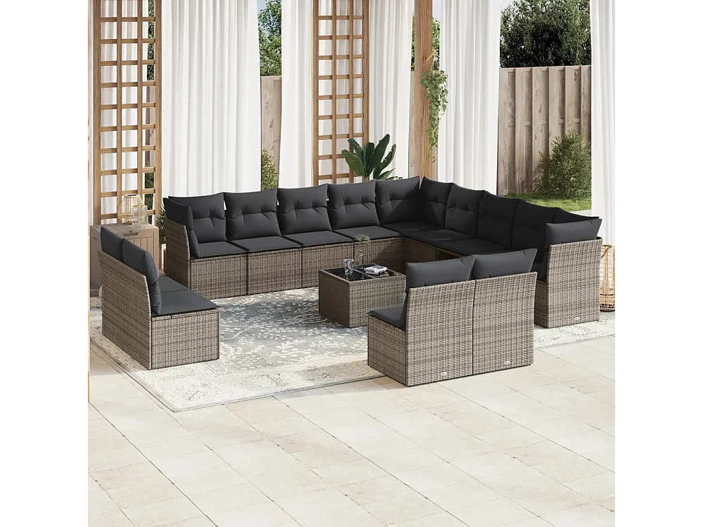 Salon de jardin avec coussins 14 pcs gris résine tressée