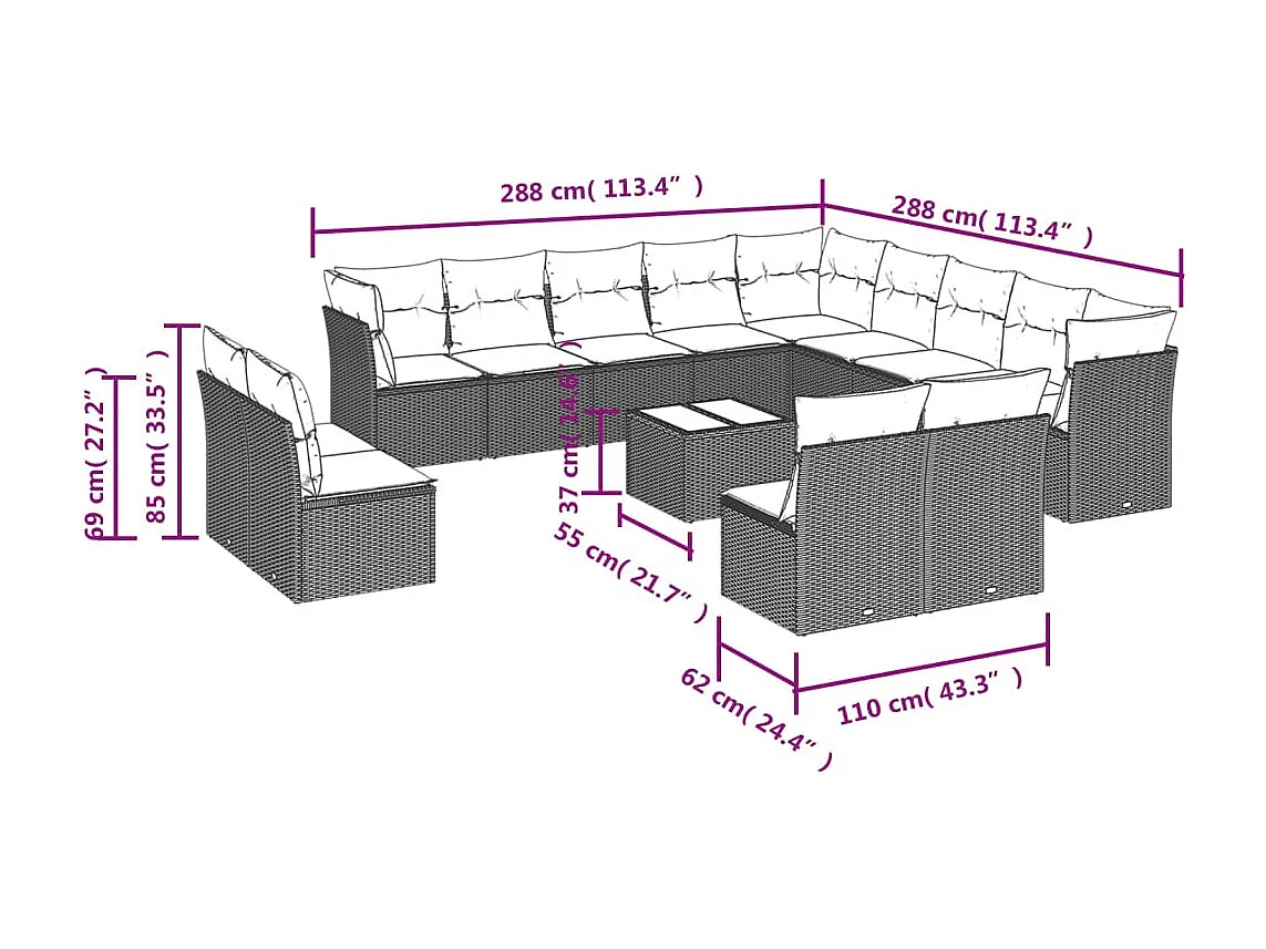 Salon de jardin avec coussins 14 pcs gris résine tressée