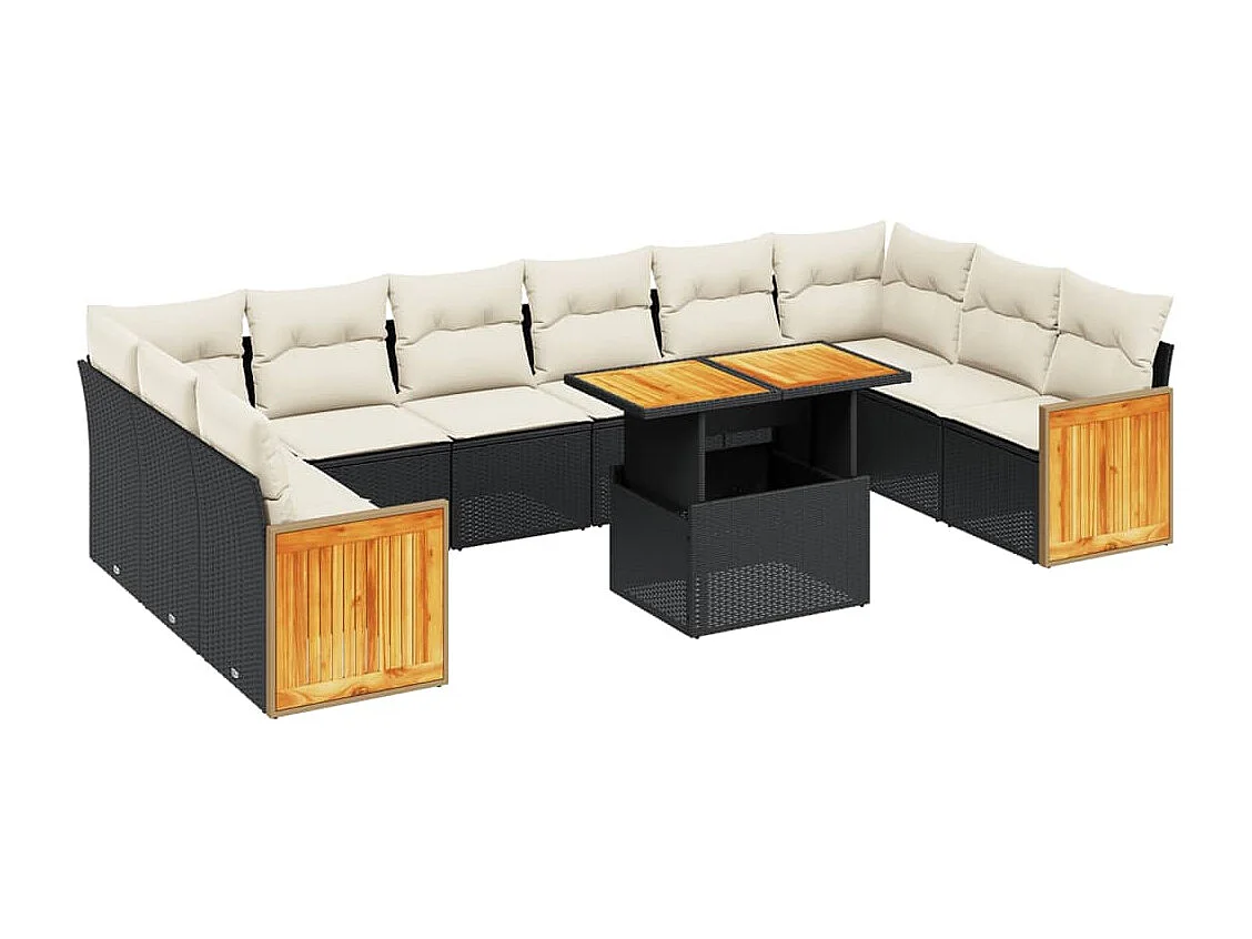 Salon de jardin 11 pcs avec coussins noir résine tressée