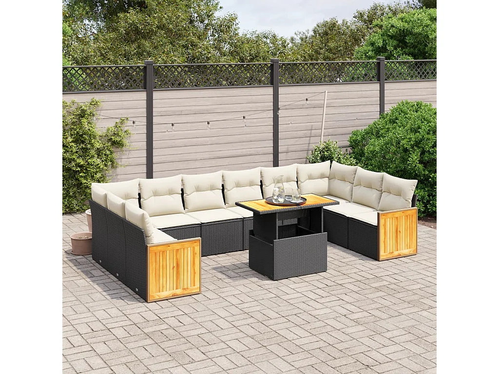 Salon de jardin 11 pcs avec coussins noir résine tressée