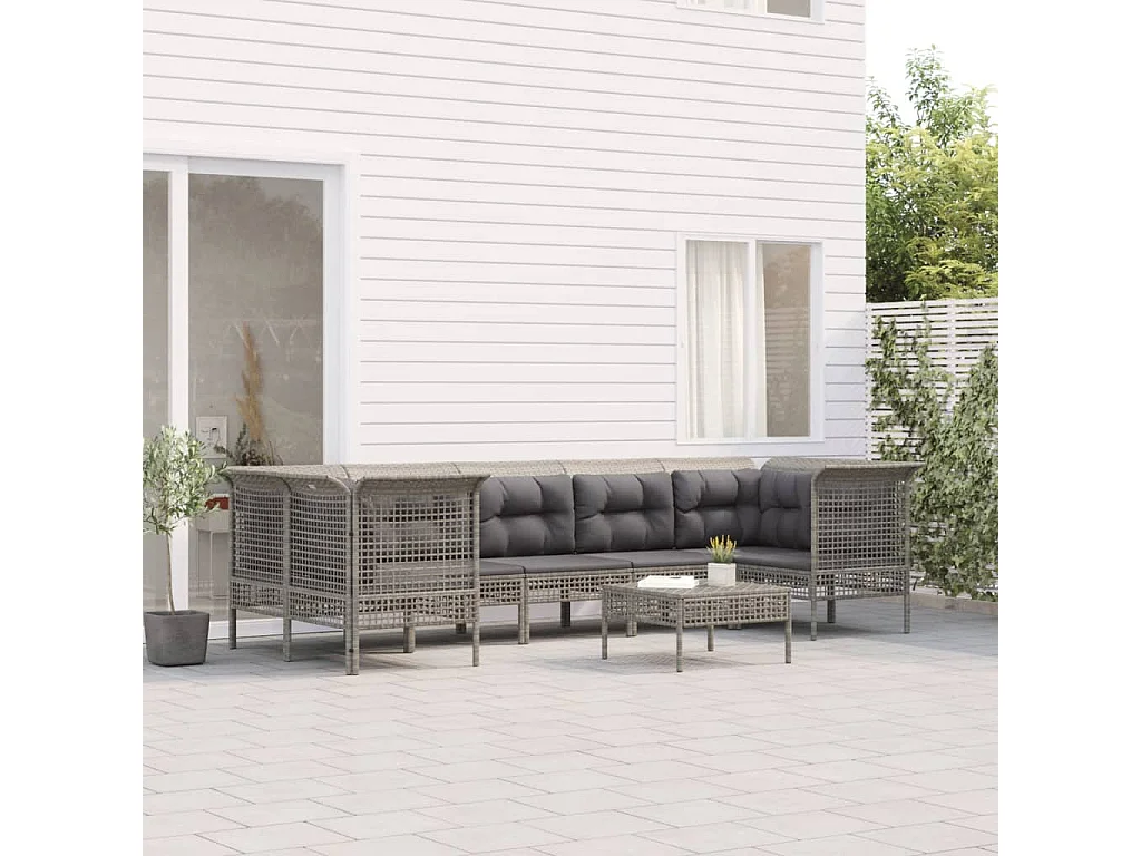 Salon de jardin 8 pcs avec coussins Gris Résine tressée