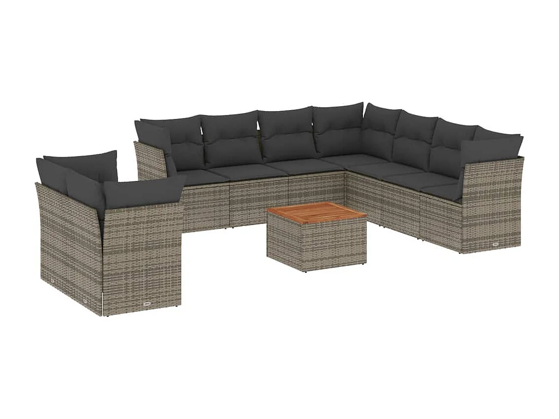 Salon de jardin avec coussins 10 pcs gris résine tressée