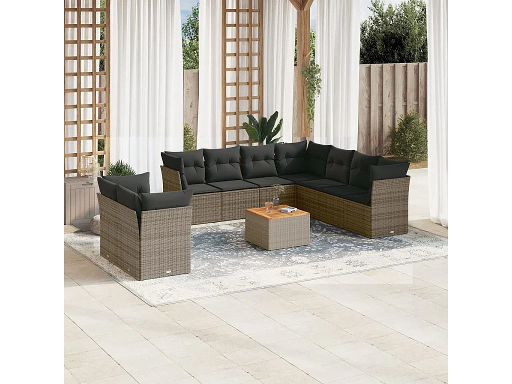 Salon de jardin avec coussins 10 pcs gris résine tressée