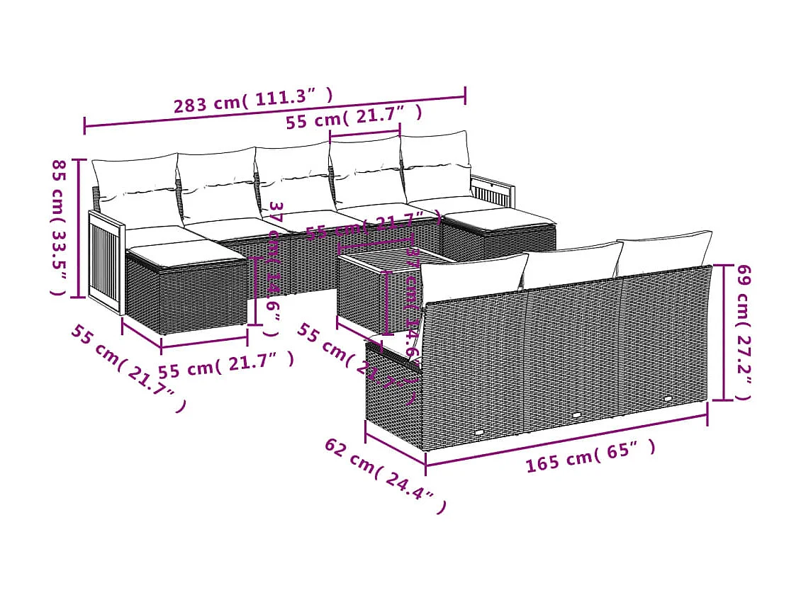 Salon de jardin 11 pcs avec coussins beige résine tressée