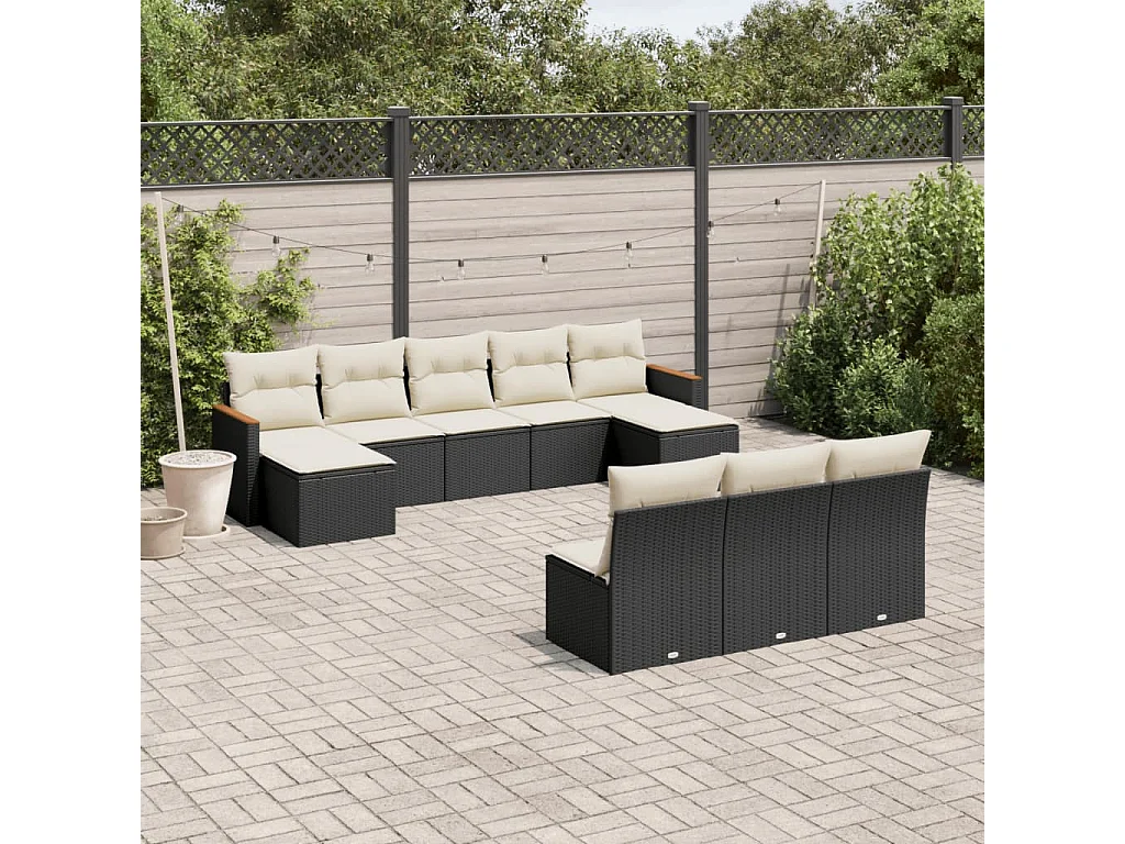 Salon de jardin 10 pcs avec coussins noir résine tressée
