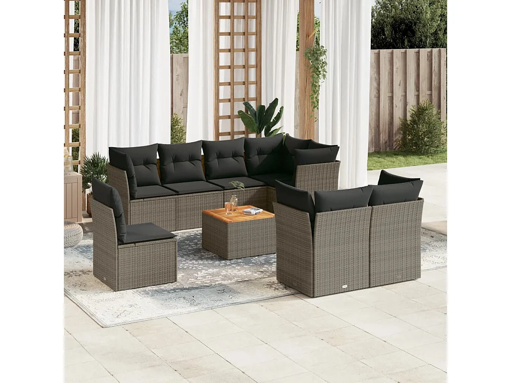 Salon de jardin 9 pcs avec coussins gris résine tressée