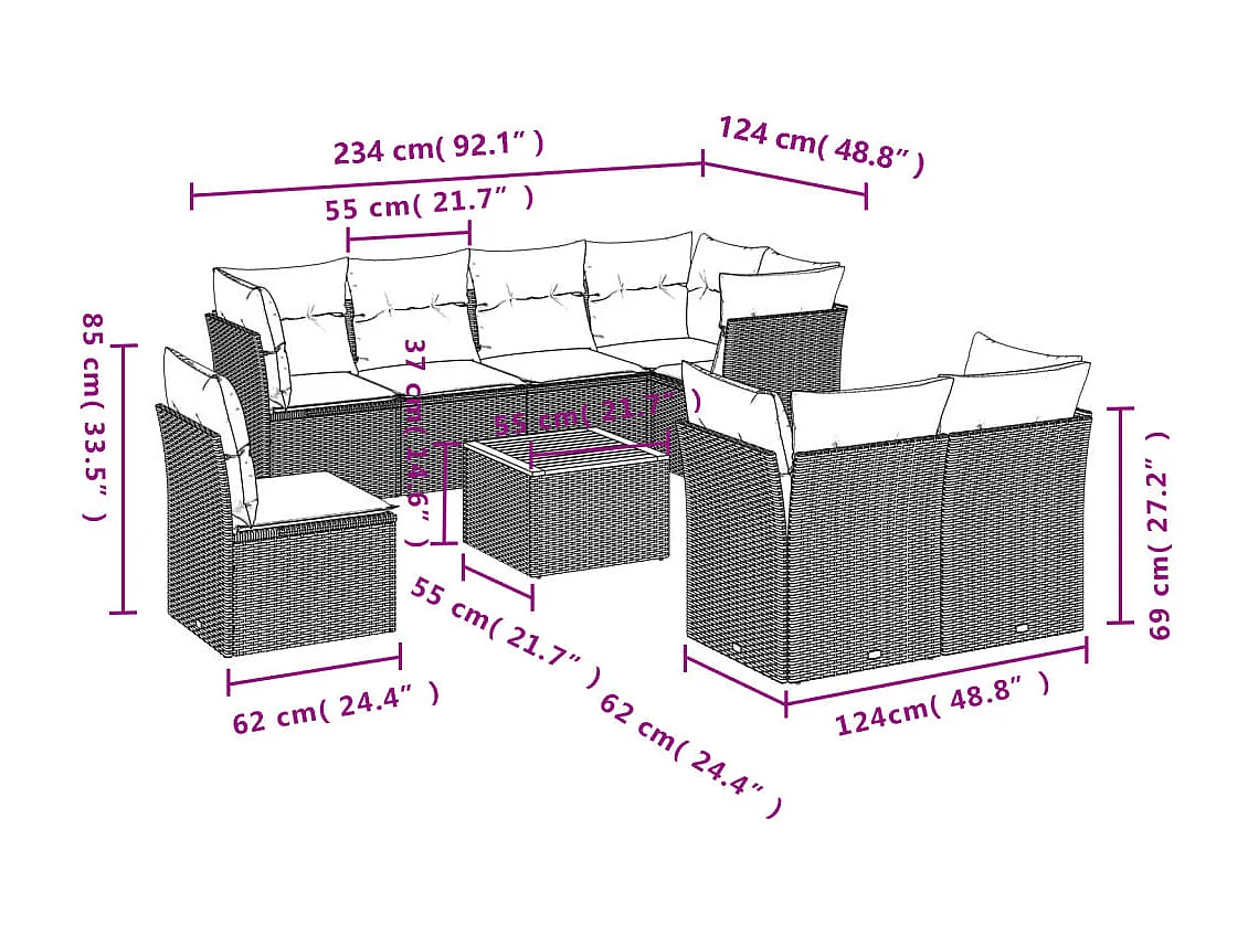 Salon de jardin 9 pcs avec coussins gris résine tressée