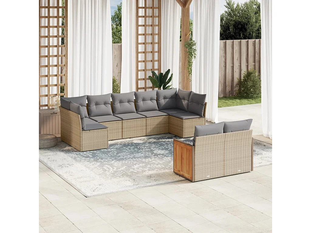 Salon de jardin avec coussins 9 pcs beige résine tressée