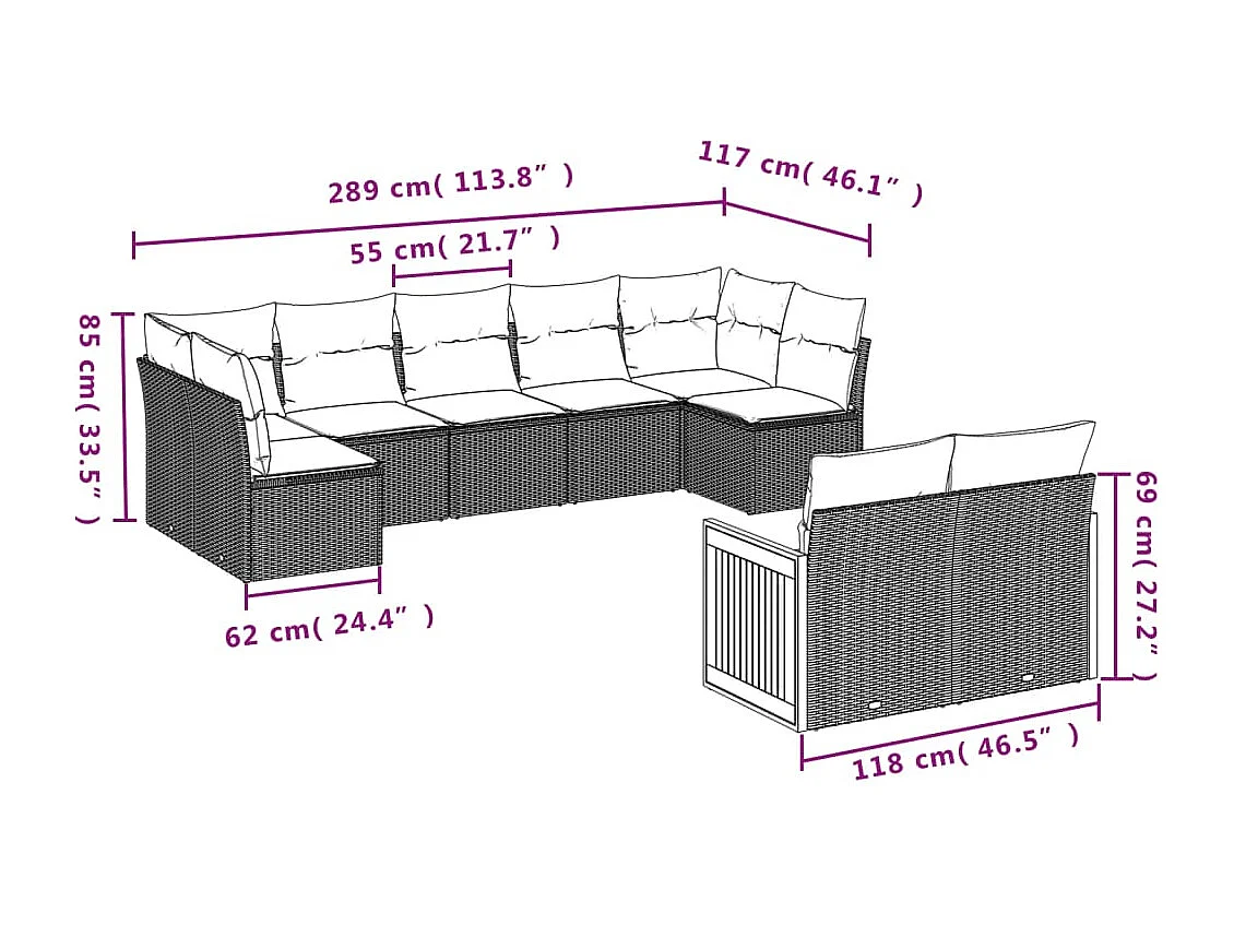 Salon de jardin avec coussins 9 pcs beige résine tressée