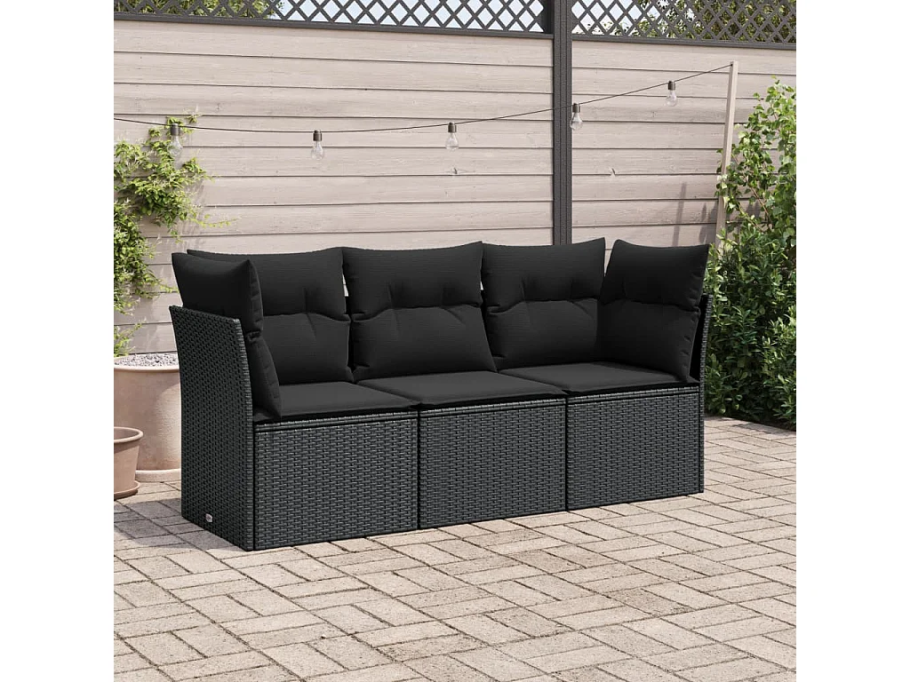 Salon de jardin 3 pcs avec coussins noir résine tressée