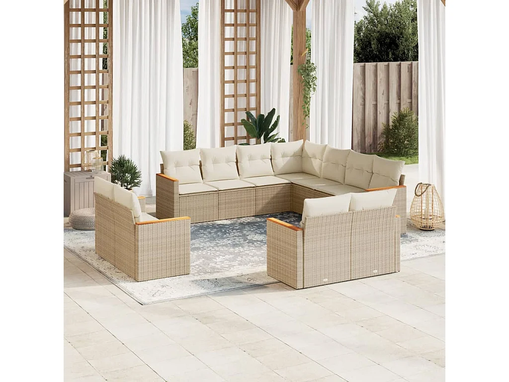 Salon de jardin 11 pcs avec coussins beige résine tressée