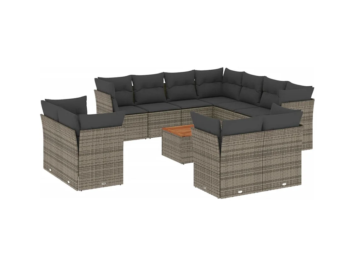 Salon de jardin avec coussins 12 pcs gris résine tressée
