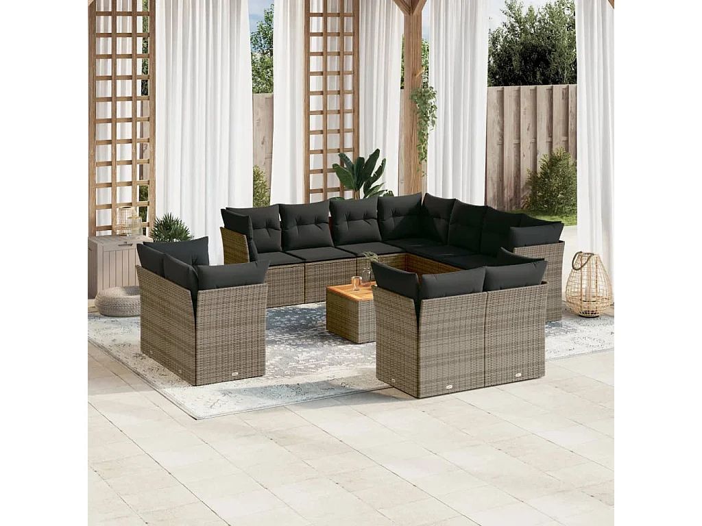 Salon de jardin avec coussins 12 pcs gris résine tressée