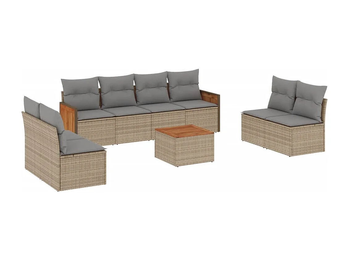 Salon de jardin avec coussins 9 pcs beige résine tressée
