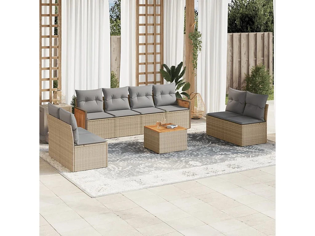 Salon de jardin avec coussins 9 pcs beige résine tressée