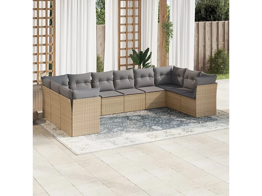 Salon de jardin avec coussins 10 pcs beige résine tressée