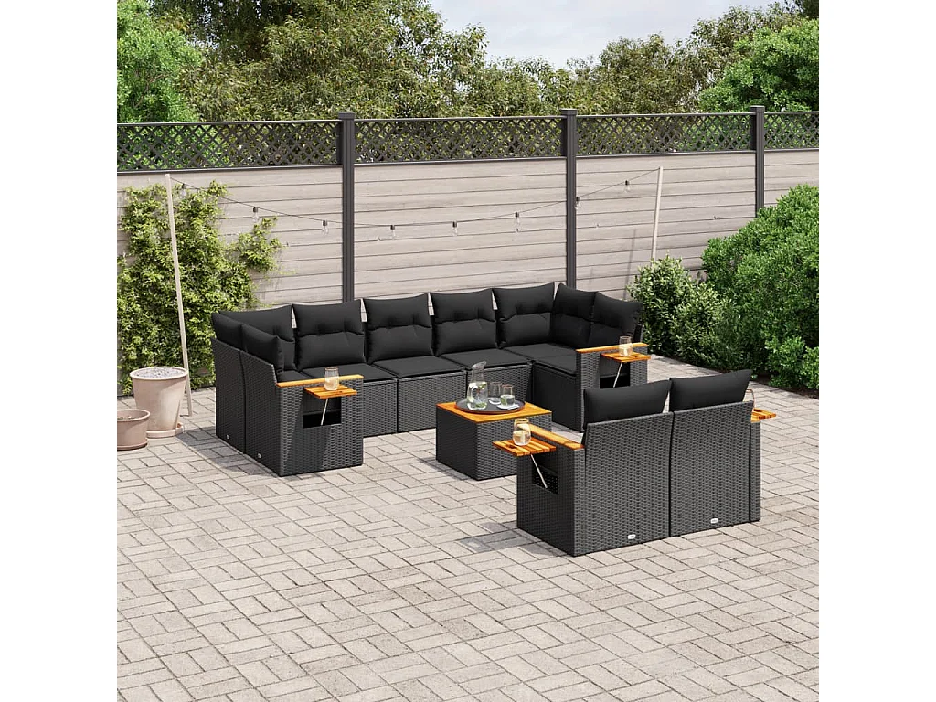 Salon de jardin 10 pcs avec coussins noir résine tressée